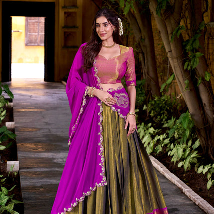 Lorenvalley Fashion Mahendi Kanchipuram Zari Weaving Work Lehenga Choli with Dupatta