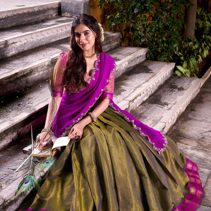 Lorenvalley Fashion Mahendi Kanchipuram Zari Weaving Work Lehenga Choli with Dupatta