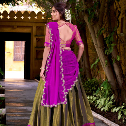 Lorenvalley Fashion Mahendi Kanchipuram Zari Weaving Work Lehenga Choli with Dupatta