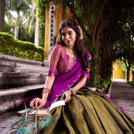 Lorenvalley Fashion Mahendi Kanchipuram Zari Weaving Work Lehenga Choli with Dupatta