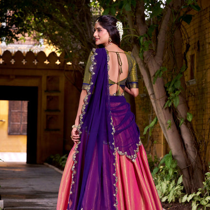 Lorenvalley Fashion Pink Kanchipuram Zari Weaving Work Lehenga Choli with Dupatta