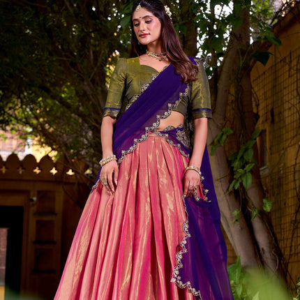 Lorenvalley Fashion Pink Kanchipuram Zari Weaving Work Lehenga Choli with Dupatta