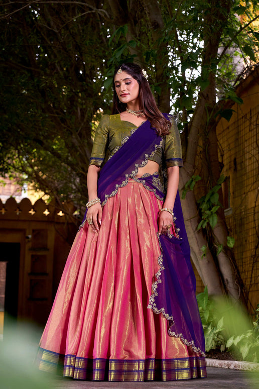 Lorenvalley Fashion Pink Kanchipuram Zari Weaving Work Lehenga Choli with Dupatta