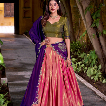 Lorenvalley Fashion Pink Kanchipuram Zari Weaving Work Lehenga Choli with Dupatta