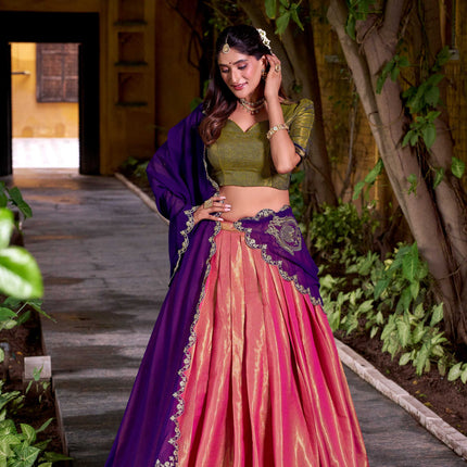 Lorenvalley Fashion Pink Kanchipuram Zari Weaving Work Lehenga Choli with Dupatta
