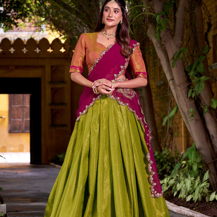 Lorenvalley Fashion Pista Kanchipuram Zari Weaving Work Lehenga Choli with Dupatta