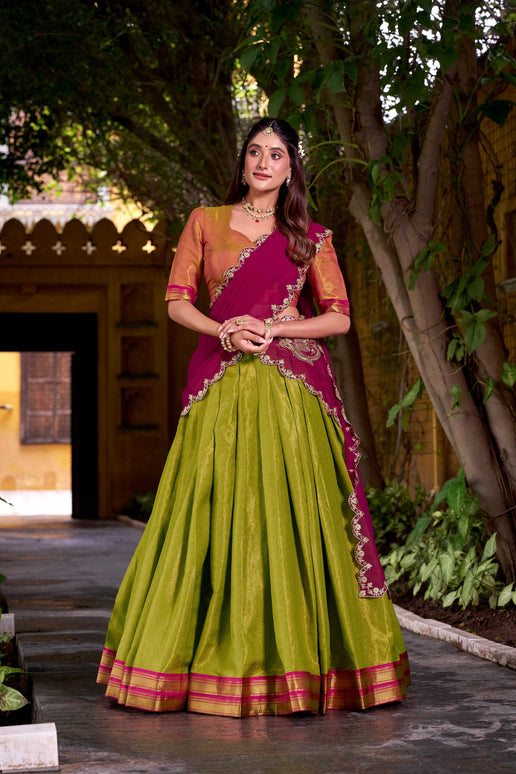 Lorenvalley Fashion Pista Kanchipuram Zari Weaving Work Lehenga Choli with Dupatta