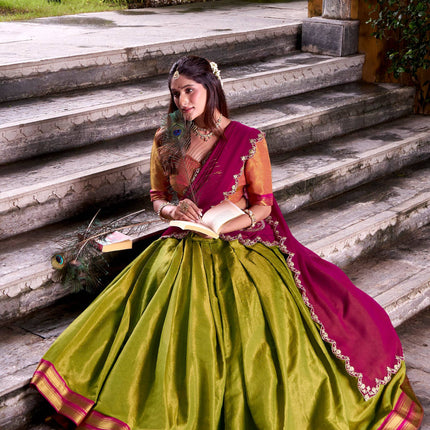Lorenvalley Fashion Pista Kanchipuram Zari Weaving Work Lehenga Choli with Dupatta