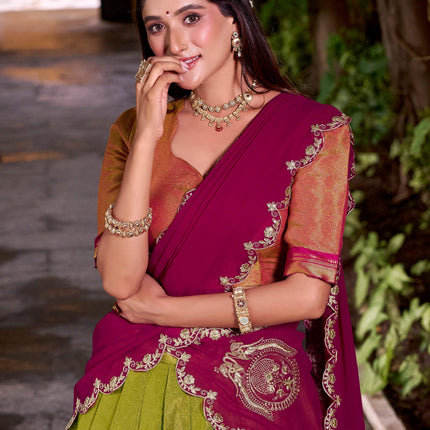 Lorenvalley Fashion Pista Kanchipuram Zari Weaving Work Lehenga Choli with Dupatta