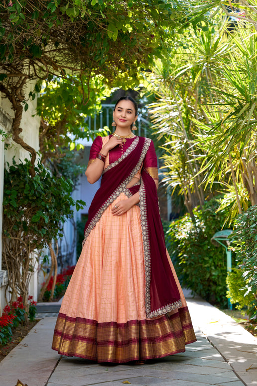Lorenvalley Peach Zari Chex with Zari Weaving Work Lehenga Choli with Dupatta