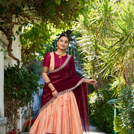 Lorenvalley Peach Zari Chex with Zari Weaving Work Lehenga Choli with Dupatta