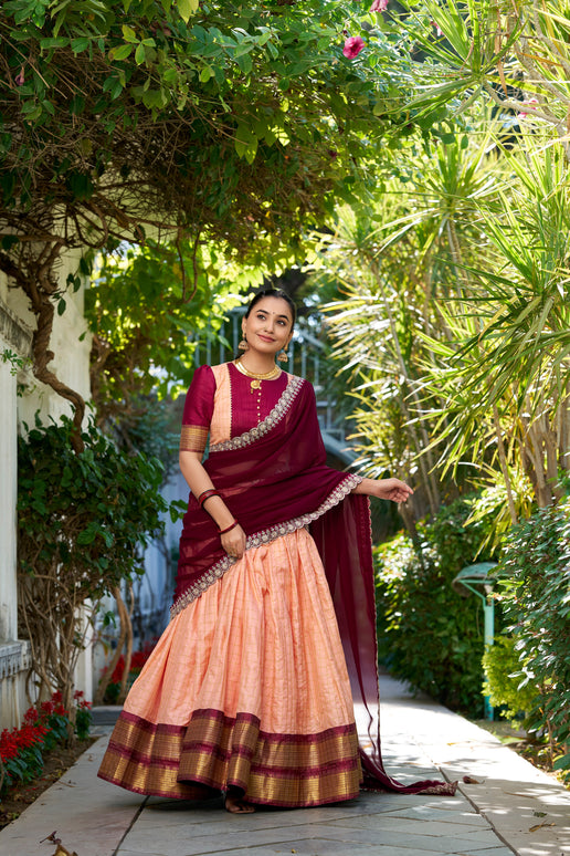 Lorenvalley Peach Zari Chex with Zari Weaving Work Lehenga Choli with Dupatta