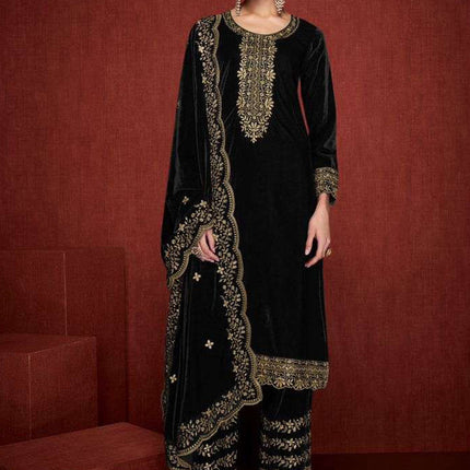 Lorenvalley Fashion Women Black Velvet Embroidered Salwar Suit Material