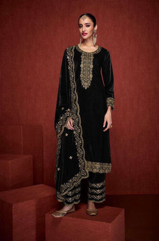 Lorenvalley Fashion Women Black Velvet Embroidered Salwar Suit Material