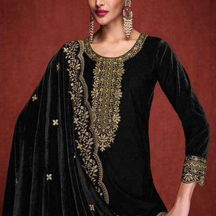 Lorenvalley Fashion Women Black Velvet Embroidered Salwar Suit Material