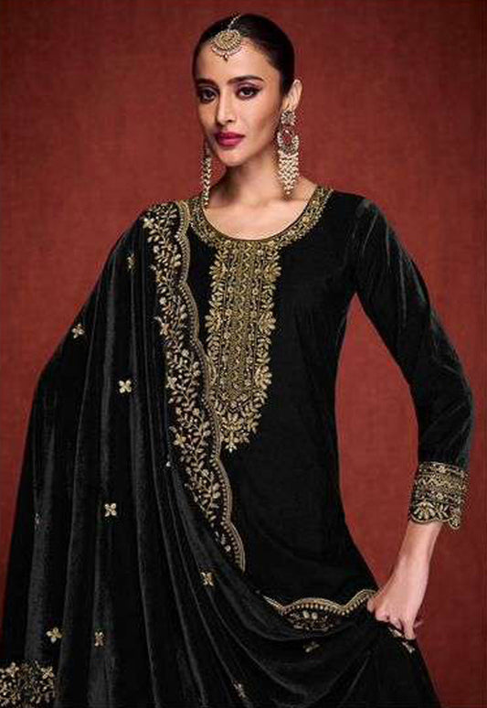 Lorenvalley Fashion Women Black Velvet Embroidered Salwar Suit Material