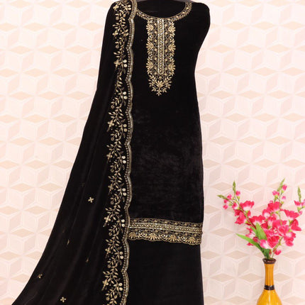 Lorenvalley Fashion Women Black Velvet Embroidered Salwar Suit Material