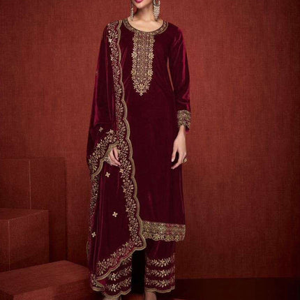 Lorenvalley Fashion Women Maroon Velvet Embroidered Salwar Suit Material