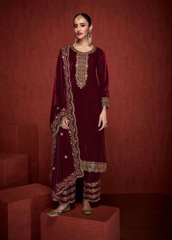 Lorenvalley Fashion Women Maroon Velvet Embroidered Salwar Suit Material