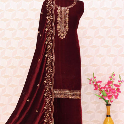 Lorenvalley Fashion Women Maroon Velvet Embroidered Salwar Suit Material