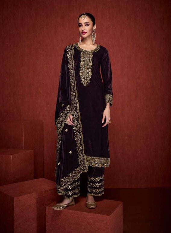 Lorenvalley Fashion Women Purple Velvet Embroidered Salwar Suit Material