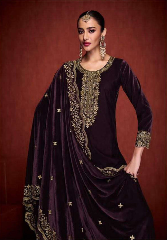 Lorenvalley Fashion Women Purple Velvet Embroidered Salwar Suit Material