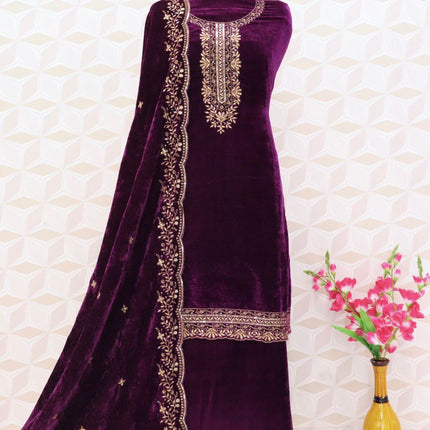 Lorenvalley Fashion Women Purple Velvet Embroidered Salwar Suit Material