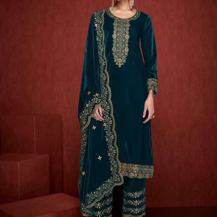 Lorenvalley Fashion Women Rama Velvet Embroidered Salwar Suit Material