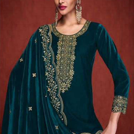 Lorenvalley Fashion Women Rama Velvet Embroidered Salwar Suit Material