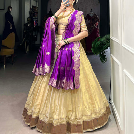 Lorenvalley Cream Erode Plain With Paithani Lace Border Lehenga Choli with Dupatta