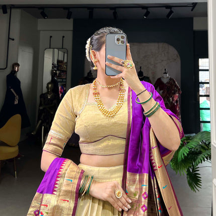 Lorenvalley Cream Erode Plain With Paithani Lace Border Lehenga Choli with Dupatta