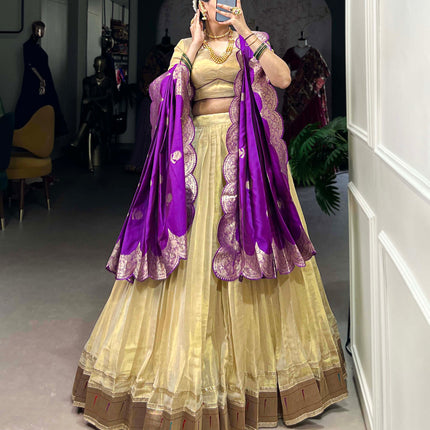 Lorenvalley Cream Erode Plain With Paithani Lace Border Lehenga Choli with Dupatta