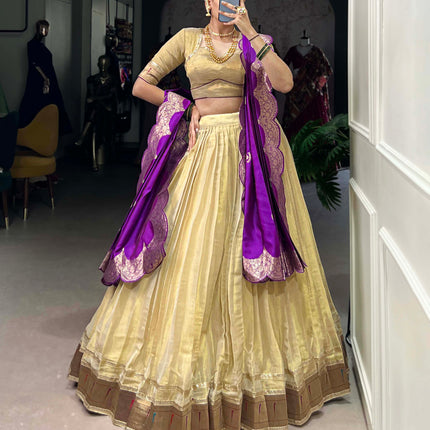 Lorenvalley Cream Erode Plain With Paithani Lace Border Lehenga Choli with Dupatta