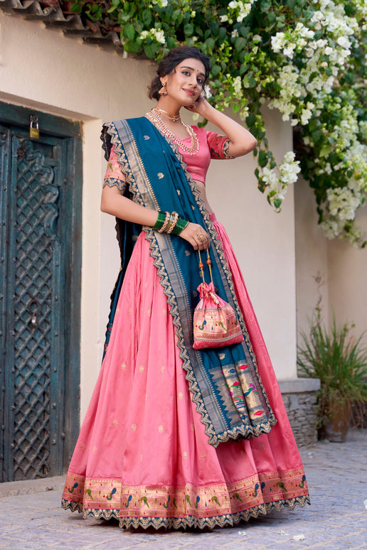 Lorenvalley Light Pink Jacquard Silk Paithani Zari Weaving Work With Sequins and Thread Embroidery Scallop Lace Border Lehenga Choli with Dupatta