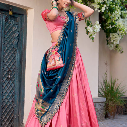 Lorenvalley Light Pink Jacquard Silk Paithani Zari Weaving Work With Sequins and Thread Embroidery Scallop Lace Border Lehenga Choli with Dupatta