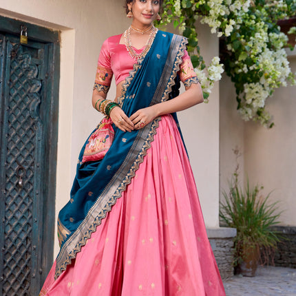 Lorenvalley Light Pink Jacquard Silk Paithani Zari Weaving Work With Sequins and Thread Embroidery Scallop Lace Border Lehenga Choli with Dupatta