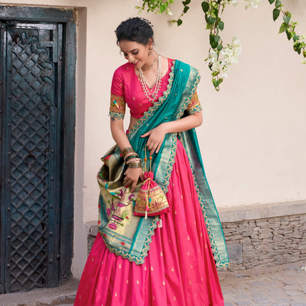Lorenvalley Pink Jacquard Silk Paithani Zari Weaving Work With Sequins and Thread Embroidery Scallop Lace Border Lehenga Choli with Dupatta