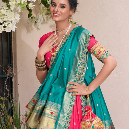 Lorenvalley Pink Jacquard Silk Paithani Zari Weaving Work With Sequins and Thread Embroidery Scallop Lace Border Lehenga Choli with Dupatta