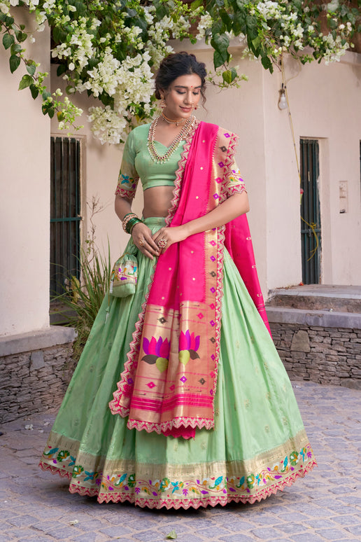 Lorenvalley Pista Jacquard Silk Paithani Zari Weaving Work With Sequins and Thread Embroidery Scallop Lace Border Lehenga Choli with Dupatta