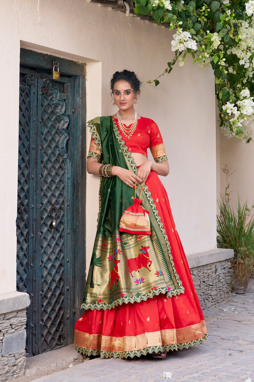 Lorenvalley Red Jacquard Silk Paithani Zari Weaving Work With Sequins and Thread Embroidery Scallop Lace Border Lehenga Choli with Dupatta