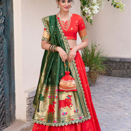 Lorenvalley Red Jacquard Silk Paithani Zari Weaving Work With Sequins and Thread Embroidery Scallop Lace Border Lehenga Choli with Dupatta