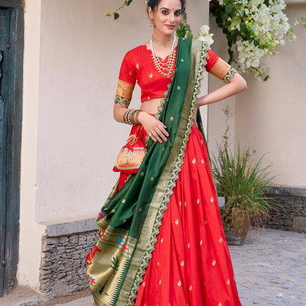 Lorenvalley Red Jacquard Silk Paithani Zari Weaving Work With Sequins and Thread Embroidery Scallop Lace Border Lehenga Choli with Dupatta