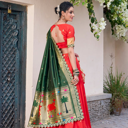 Lorenvalley Red Jacquard Silk Paithani Zari Weaving Work With Sequins and Thread Embroidery Scallop Lace Border Lehenga Choli with Dupatta