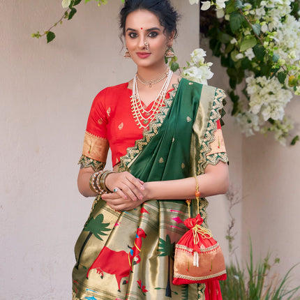 Lorenvalley Red Jacquard Silk Paithani Zari Weaving Work With Sequins and Thread Embroidery Scallop Lace Border Lehenga Choli with Dupatta