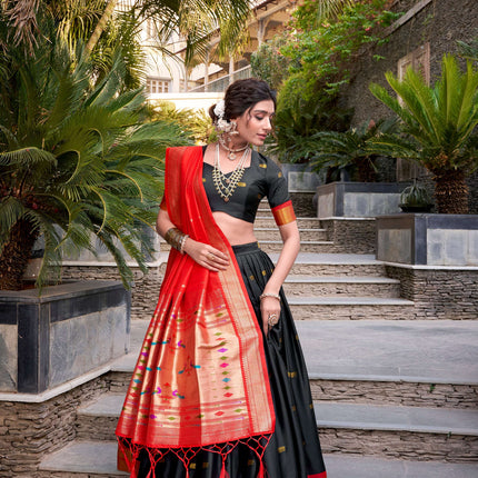 Lorenvalley Black Jacquard Silk Paithani Zari Weaving Work Lehenga Choli with Dupatta