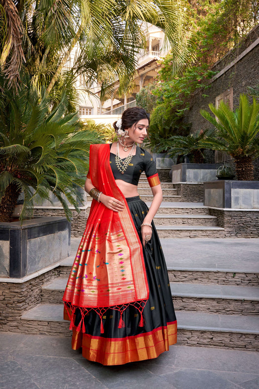 Lorenvalley Black Jacquard Silk Paithani Zari Weaving Work Lehenga Choli with Dupatta