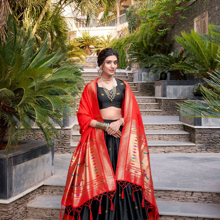 Lorenvalley Black Jacquard Silk Paithani Zari Weaving Work Lehenga Choli with Dupatta