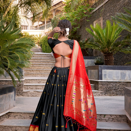 Lorenvalley Black Jacquard Silk Paithani Zari Weaving Work Lehenga Choli with Dupatta
