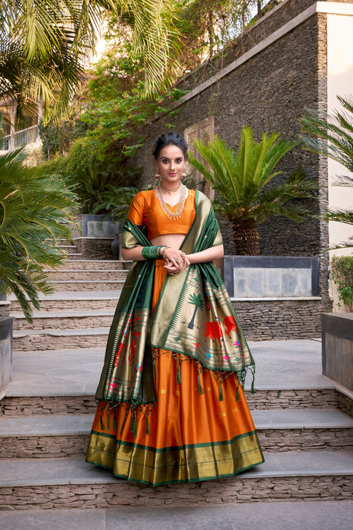 Lorenvalley Orange Jacquard Silk Paithani Zari Weaving Work Lehenga Choli with Dupatta