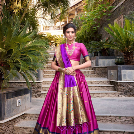 Lorenvalley Pink Jacquard Silk Paithani Zari Weaving Work Lehenga Choli with Dupatta